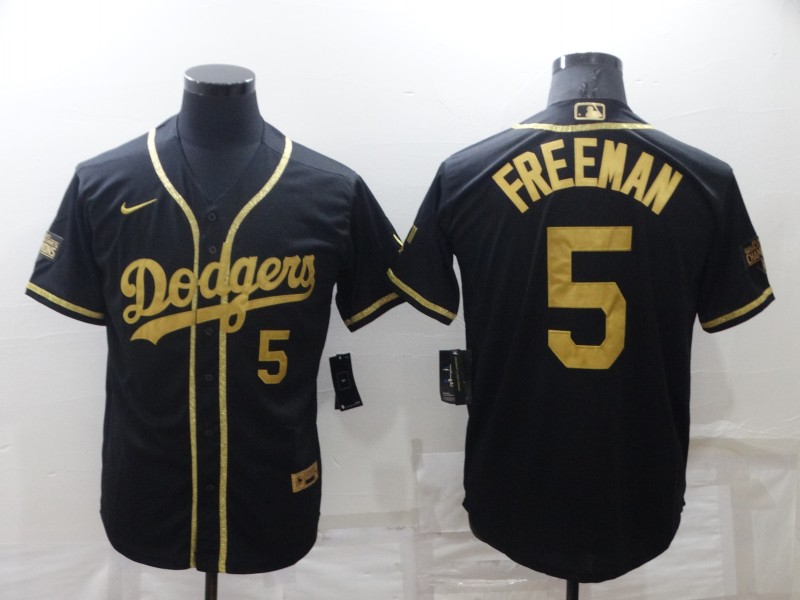 Men's Los Angeles Dodgers #5 Freddie Freeman Black Gold Cool Base Stitched Baseball Jersey